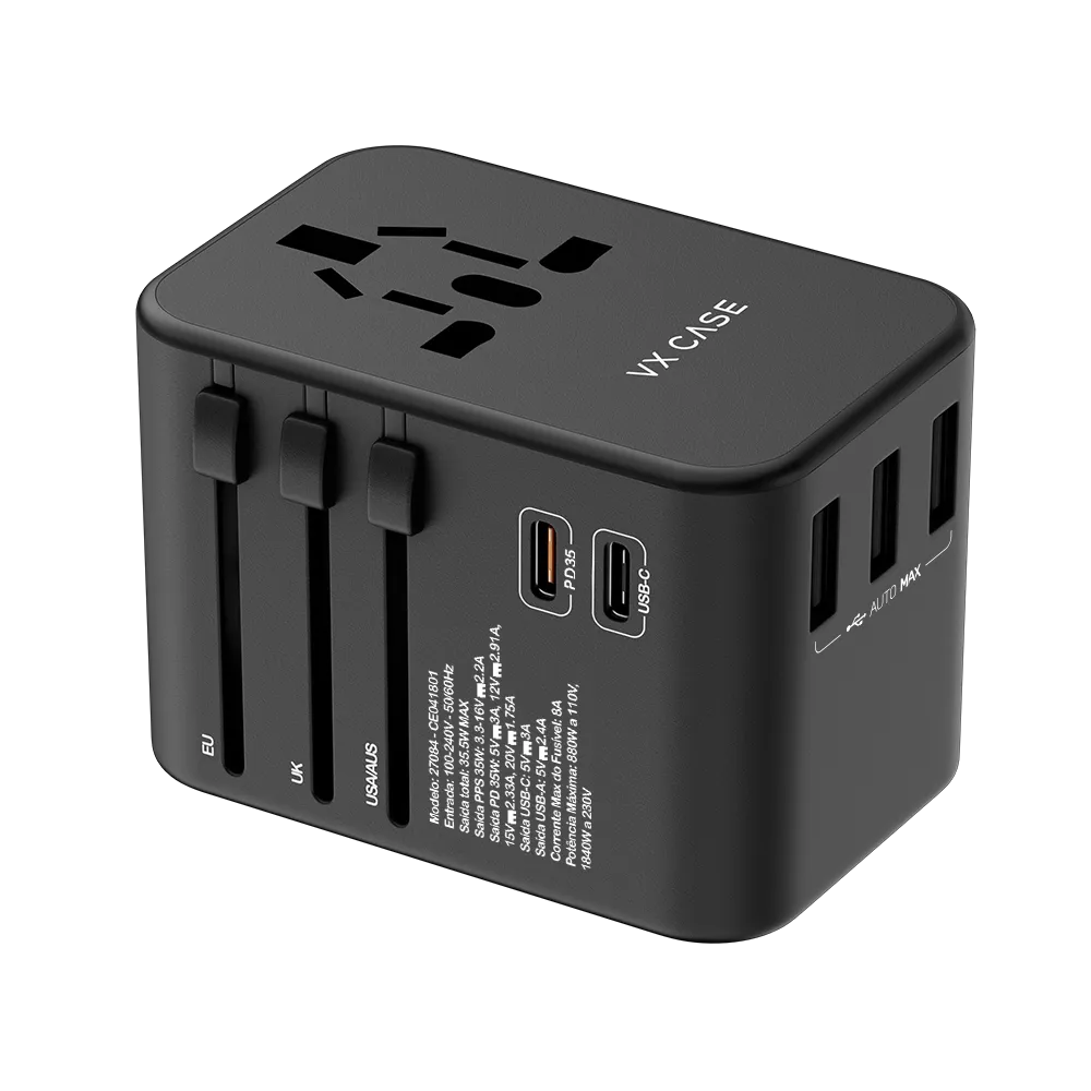 Adaptador Universal de tomadas VX Case com 3 USBs e 2 Type-C