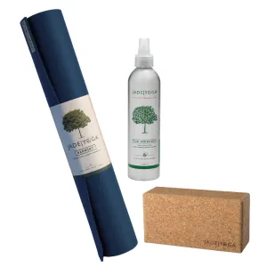 Jade Yoga Harmony Mat - Midnight & Jade Yoga Cork Yoga Block - Small   Jade Yoga Plant Based Mat Wash - 8 oz Starter Kit