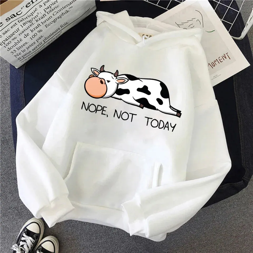 Nope Not Today Kawaii Women Sweatshirts 2021 Spring Autumn Women's Pullovers Hoodie Funny Cows Print Hoodies Hip Hop Streetwear